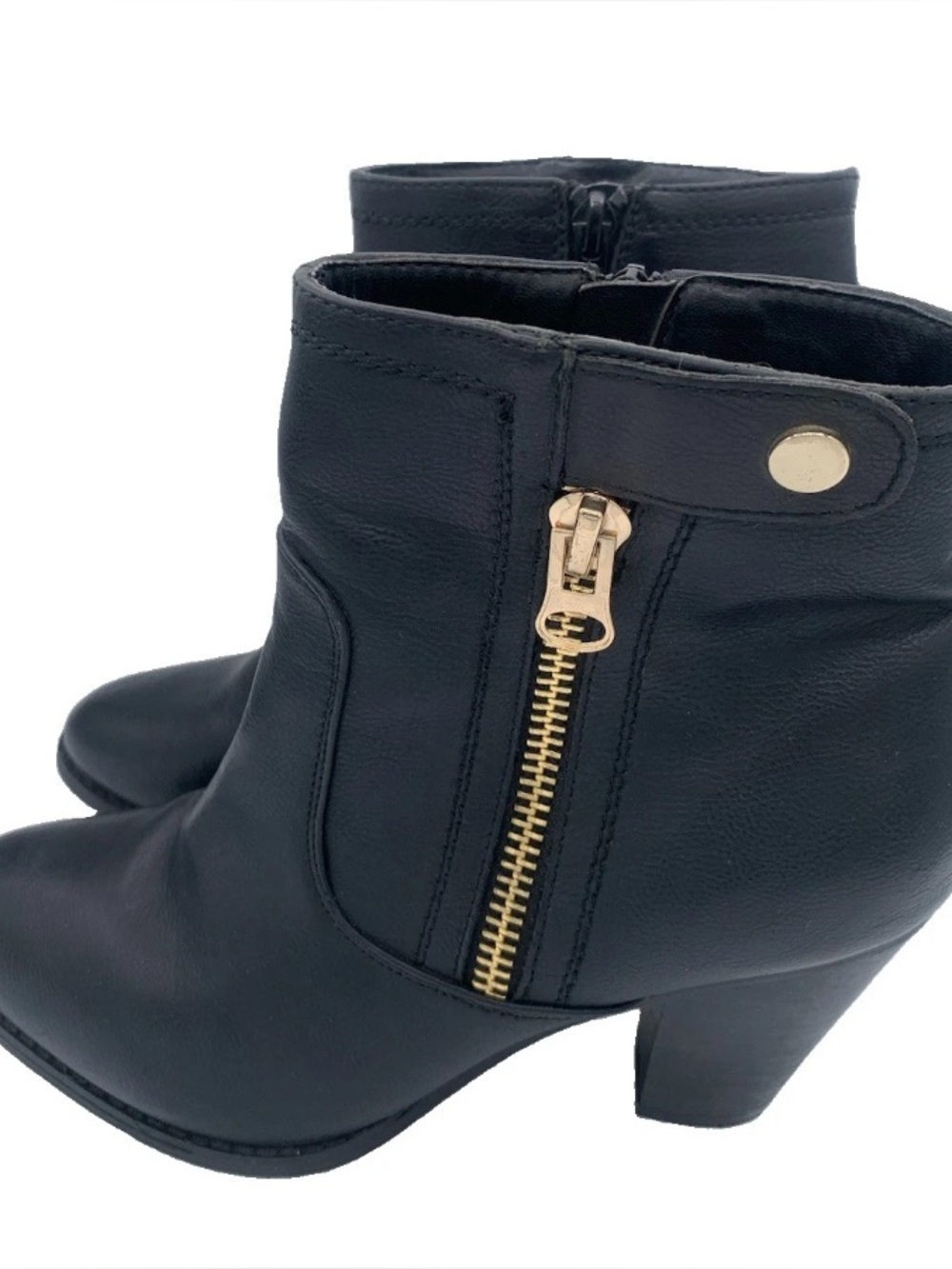 Apt 9 Claudine Gold Hardware Detail Vegan Black Leather Block Heel Boots Sz 10